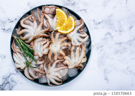 Fresh baby octopuses on ice, garnished with lemon and rosemary, on a marble table, no people, 138570663