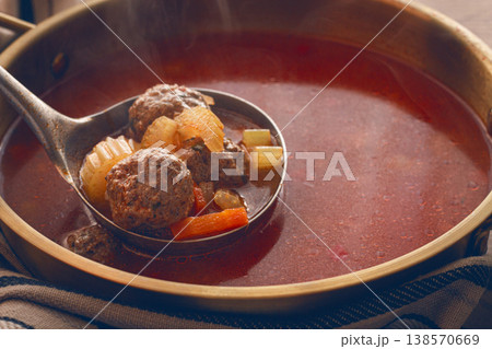 Romanian soup with meatballs, vegetable soup with meatballs, in a pot, homemade, no people, 138570669