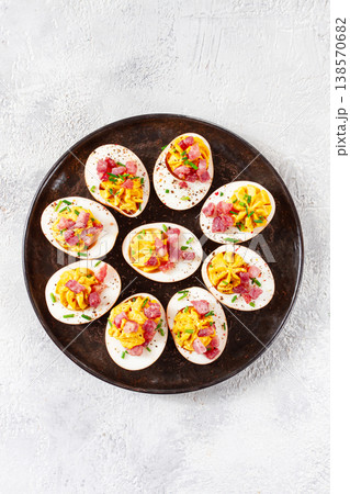 Spicy, stuffed ramen eggs, with bacon and green onions, homemade, no people, 138570682