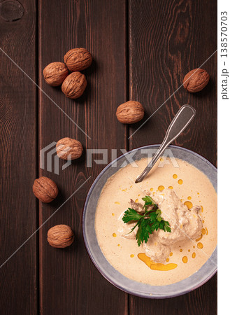 Satsivi, Georgian dish, chicken in nut sauce, cold appetizer,rustic, no people, homemade, Satsivi, Georgian dish, chicken in nut sauce, cold appetizer,rustic, no people, homemade, 138570703