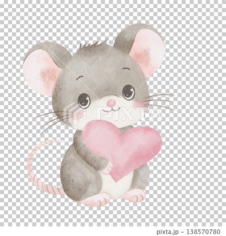 Cute watercolor baby mouse holding pink heart, adorable character hand-drawn illustration for Valentine's Day, nursery decor, and romantic greeting cards, isolated on white background Cute watercolor baby mouse holding pink heart, adorable character hand-drawn illustration for Valentine's Day, nursery decor, and romantic greeting cards, isolated on white background 138570780