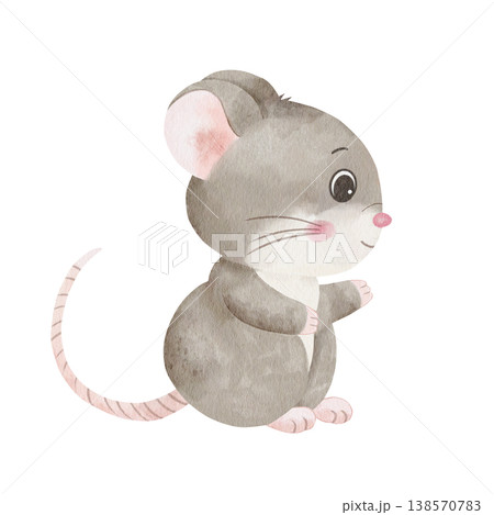 Sweet hand-drawn grey watercolor mouse character isolated on white backgdound, perfect for nursery wall art, children's storybook illustrations, and cute animal-themed sticker designs 138570783