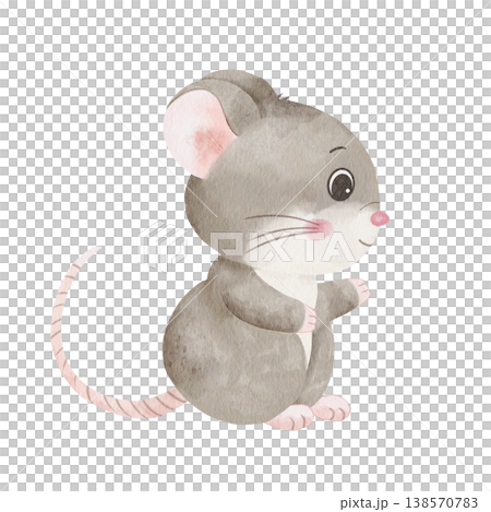 Sweet hand-drawn grey watercolor mouse character isolated on white backgdound, perfect for nursery wall art, children's storybook illustrations, and cute animal-themed sticker designs 138570783