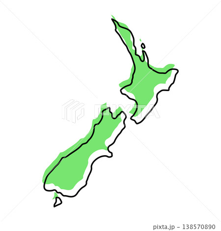 New Zealand map from black contour curves lines with a green shifted silhouette on white background 138570890