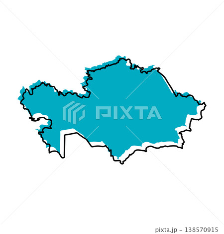 Kazakhstan map from black contour curves lines with a blue shifted silhouette on white background 138570915