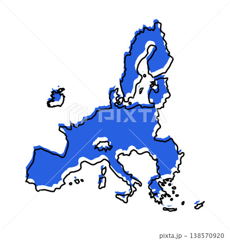 European Union map from black contour curves lines with a blue shifted silhouette on white background 138570920