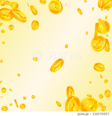 Indian rupee coins falling. Scattered gold INR coins. India money. Jackpot wealth or success concept. Square vector illustration. Indian rupee coins falling. Scattered gold INR coins. India money. Jackpot wealth or success concept. Square vector illustration. 138570957