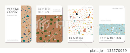 Note book cover design. Terrazzo abstract background made of natural stones, granite, quartz and marble. Venetian terrazzo texture note book template. 138570959
