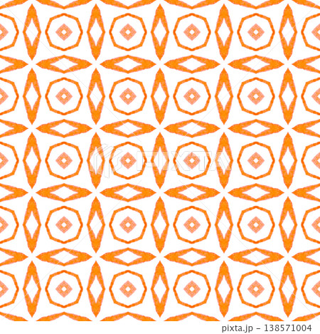 Watercolor medallion seamless border. Orange unique boho chic summer design. Textile ready wonderful print, swimwear fabric, wallpaper, wrapping. Medallion seamless pattern. 138571004