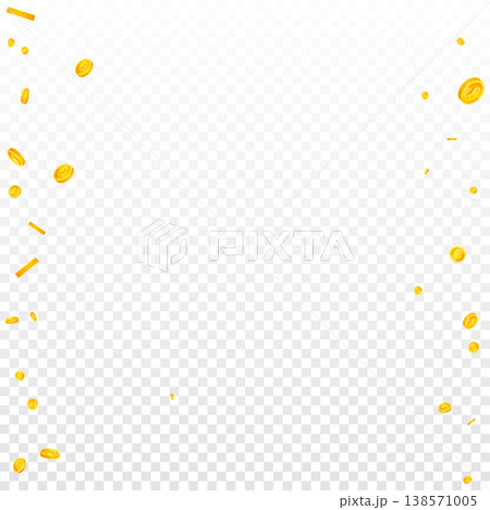 British pound coins falling. Scattered gold GBP coins. United Kingdom money. Great business success concept. Square vector illustration. 138571005