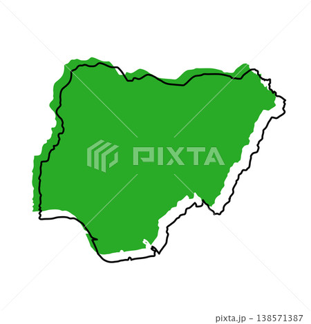 Nigeria map from black contour curves lines with a green shifted silhouette on white background 138571387