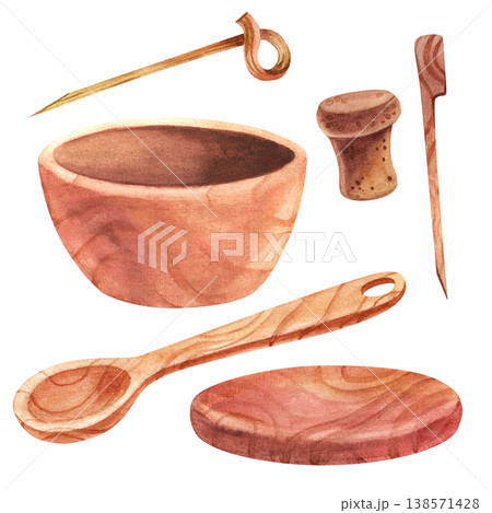 Wooden plate with a spoon, a stand, and canape skewers, a watercolor illustration, isolated. Hand drawn kitchenware in a simple style for a food festival design. Wooden plate with a spoon, a stand, and canape skewers, a watercolor illustration, isolated. Hand drawn kitchenware in a simple style for a food festival design. 138571428
