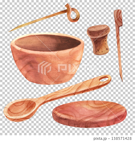 Wooden plate with a spoon, a stand, and canape skewers, a watercolor illustration, isolated. Hand drawn kitchenware in a simple style for a food festival design. Wooden plate with a spoon, a stand, and canape skewers, a watercolor illustration, isolated. Hand drawn kitchenware in a simple style for a food festival design. 138571428