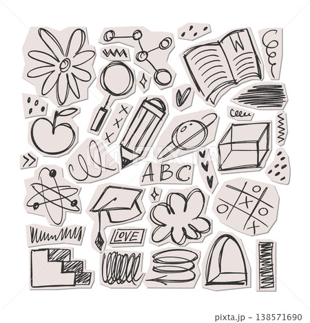 Isolated black pen school doodles on paper cutouts set. Hand drawn education, science and space sketches on torn paper pieces. Vector rough scribble elements collection for student zine collage. 138571690