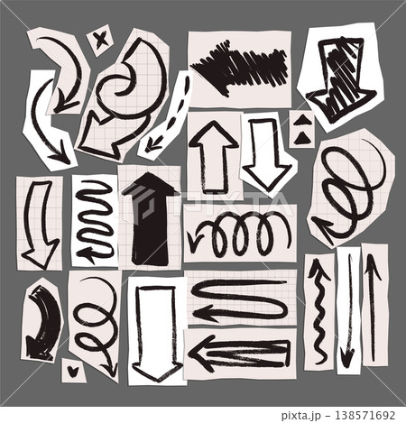 Isolated black marker hand drawn arrows on torn paper pieces set. Chaos scribbled felt tip pen pointers on paper cutouts. Vector scrapbooking sketch elements collection for grunge infographic. 138571692