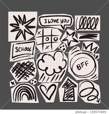 Isolated black ink scribble elements on paper cutouts set. Hand drawn tic tac toe, rainbow, cloud, star and hearts sketches on grid paper pieces. Vector rough doodle collection for zine collage. 138571693
