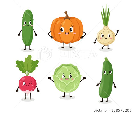 Cute vegetable characters set with happy faces cucumber pumpkin onion radish cabbage zucchini Cute vegetable characters set with happy faces cucumber pumpkin onion radish cabbage zucchini 138572209