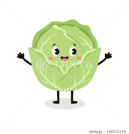Cute cabbage character with happy face and open arms green leafy vegetable vector Cute cabbage character with happy face and open arms green leafy vegetable vector 138572214