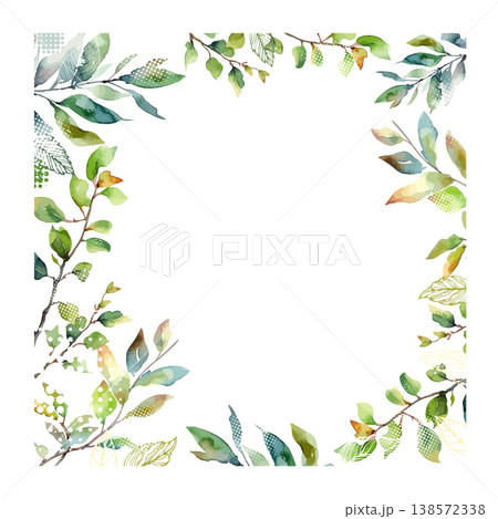 square frame with watercolor twigs and green leaves. Summer or spring postcard. Hand drawn. Not AI, vector illustration. square frame with watercolor twigs and green leaves. Summer or spring postcard. Hand drawn. Not AI, vector illustration. 138572338
