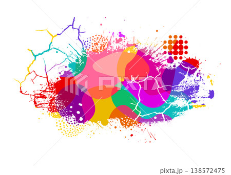 Colored paint blobs with cracks, dots and halftone. Hand drawn. Not AI, vector illustration. 138572475