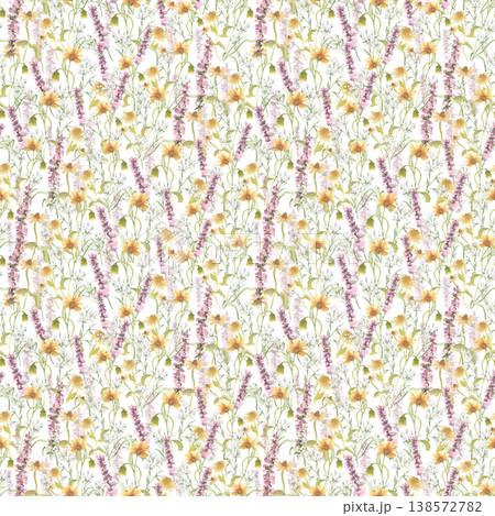 Watercolor rustic seamless pattern of meadow flowers and wild herbs isolated. Delicate summer plants repeat for textile, wallpaper, and packaging design. Spring vibrant floral artwork background. Watercolor rustic seamless pattern of meadow flowers and wild herbs isolated. Delicate summer plants repeat for textile, wallpaper, and packaging design. Spring vibrant floral artwork background. 138572782
