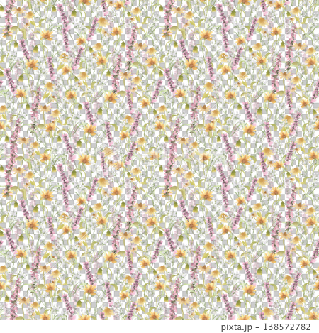 Watercolor rustic seamless pattern of meadow flowers and wild herbs isolated. Delicate summer plants repeat for textile, wallpaper, and packaging design. Spring vibrant floral artwork background. Watercolor rustic seamless pattern of meadow flowers and wild herbs isolated. Delicate summer plants repeat for textile, wallpaper, and packaging design. Spring vibrant floral artwork background. 138572782