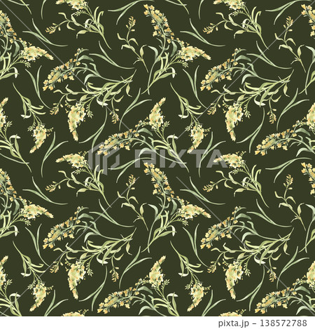 Yellow wildflower soft watercolor seamless pattern isolated on dark. Gentle meadow grasses pastel colors repeat design cottagecore style. Nature floral print for fabric paper textile design. Yellow wildflower soft watercolor seamless pattern isolated on dark. Gentle meadow grasses pastel colors repeat design cottagecore style. Nature floral print for fabric paper textile design. 138572788