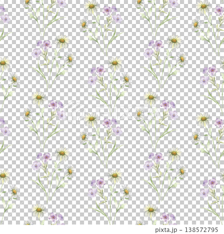Seamless pattern of watercolor wildflowers isolated on white. Delicate flowers and grass repeating background for textile, fabric design, and nursery decor. Soft botanical repeat with daisy painted. Seamless pattern of watercolor wildflowers isolated on white. Delicate flowers and grass repeating background for textile, fabric design, and nursery decor. Soft botanical repeat with daisy painted. 138572795