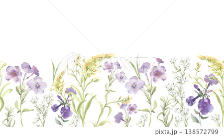Loose watercolor illustration of purple and yellow wildflowers isolated. Floral botanical seamless border with spring plants soft colors white background. Pattern for stationary and invitation card. 138572799