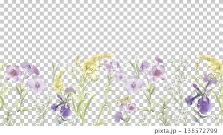 Loose watercolor illustration of purple and yellow wildflowers isolated. Floral botanical seamless border with spring plants soft colors white background. Pattern for stationary and invitation card. 138572799