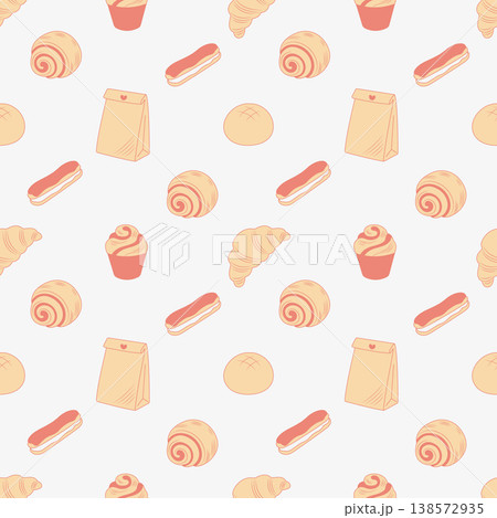 Bakery seamless pattern with hand drawn croissants and eclairs vector illustration. Bakery seamless pattern with hand drawn croissants and eclairs vector illustration. 138572935