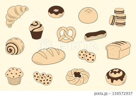 Bakery collection with hand drawn bread and sweet pastry vector illustration. Bakery collection with hand drawn bread and sweet pastry vector illustration. 138572937