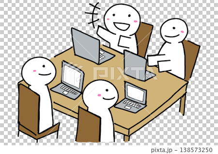 手描き、ミーティングのイラスト(会議・笑顔・対話)(バリエーション5) 手描き、ミーティングのイラスト(会議・笑顔・対話)(バリエーション5) 138573250