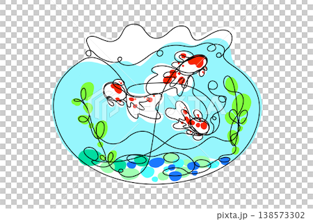 一筆書き風の金魚鉢と泳ぐ金魚のイラスト　背景透過PNG 138573302