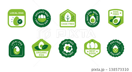 Organic Eggs Logo and Emblem Set in Green Color, Natural Farm Egg Symbols with Leaf Icons, Eco Food Branding Graphics in Various Shapes Organic Eggs Logo and Emblem Set in Green Color, Natural Farm Egg Symbols with Leaf Icons, Eco Food Branding Graphics in Various Shapes 138573310
