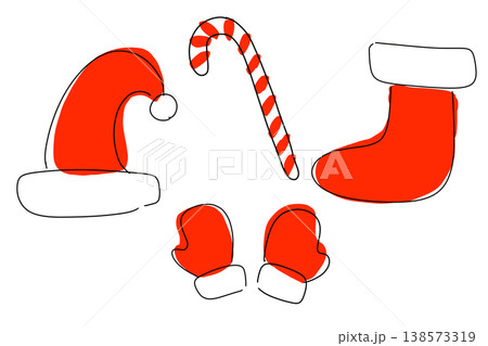 クリスマス小物イラストセット　サンタ帽・靴下・キャンディケイン・手袋　背景透過PNG 138573319