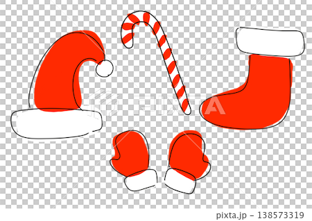 クリスマス小物イラストセット　サンタ帽・靴下・キャンディケイン・手袋　背景透過PNG 138573319
