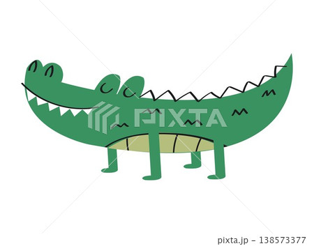A cute illustration of a happy alligator. Green crocodile print. 138573377