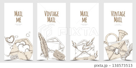 Vintage mail engraved hand drawn vector set, envelopes, postage stamps and wax seal, letters, feather pen, scroll sketch Vintage mail engraved hand drawn vector set, envelopes, postage stamps and wax seal, letters, feather pen, scroll sketch 138573513