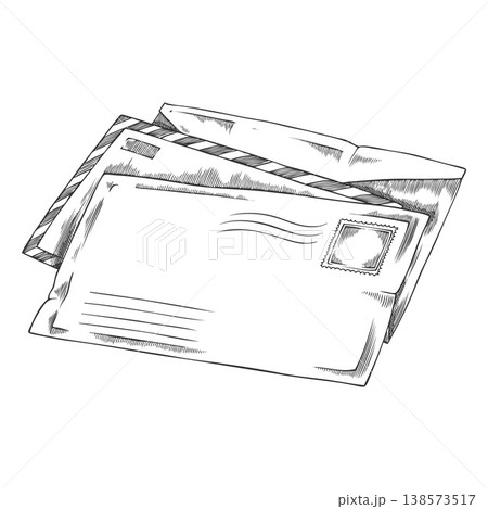 Close envelopes with postage stamp vector engraved hand drawn paper letter envelope sketch, postal mail message Close envelopes with postage stamp vector engraved hand drawn paper letter envelope sketch, postal mail message 138573517