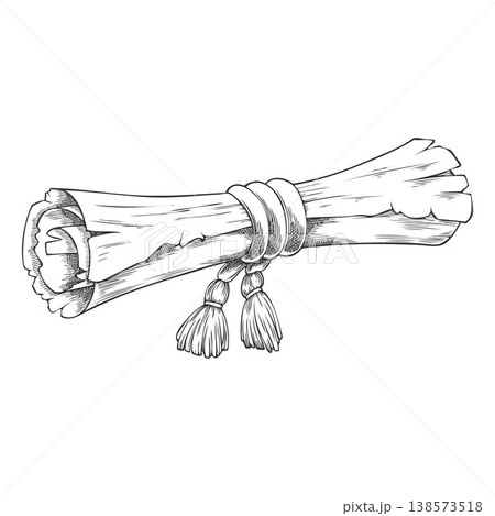 Ancient parchment roll, old paper blank scroll with ripped edges and tassels sketch, vintage vector engraved hand drawn Ancient parchment roll, old paper blank scroll with ripped edges and tassels sketch, vintage vector engraved hand drawn 138573518