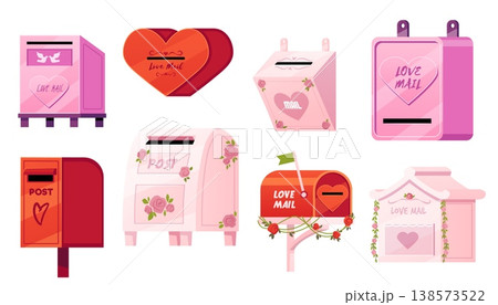 Love mail boxes with heart, roses vector set, pink and red postbox for sending or receiving romantic Valentines letters Love mail boxes with heart, roses vector set, pink and red postbox for sending or receiving romantic Valentines letters 138573522