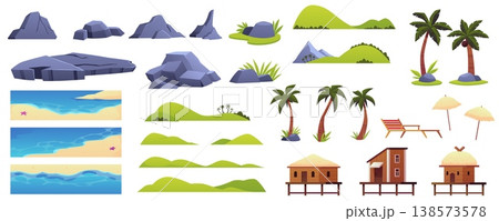 Tropical island beach elements vector set, palm trees, sandy shore, rocky mountains, sea water, bungalow game collection 138573578