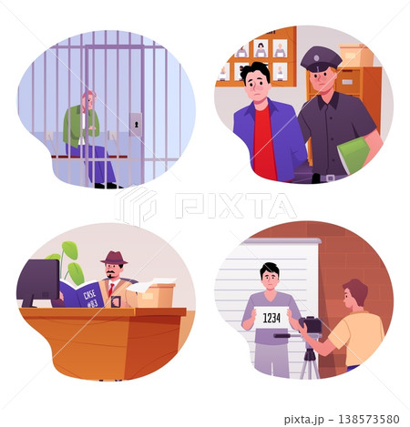 A set of round frames depicting a police station workspace with characters. 138573580