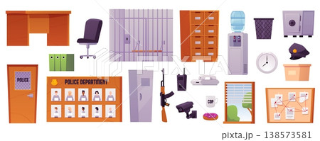 A set of interior items, accessories, and equipment for a police station. 138573581