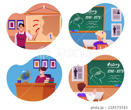 History classroom with teacher and students vector flat illustrations set, historic map, globe, chalkboard, education History classroom with teacher and students vector flat illustrations set, historic map, globe, chalkboard, education 138573583