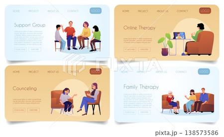 Support group, Online therapy, counseling, family therapy with psychologist service landing page designs vector set 138573586