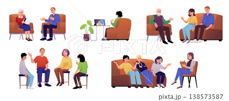 Support group, Online therapy, counseling, family therapy with psychologist vector flat illustration isolated on white 138573587