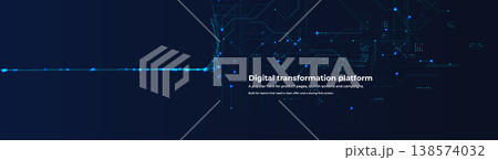 Digital transformation platform background with glowing data network, blue tech lines. Tech business hero banner for SaaS product page, launch screen, marketing campaign. Vector illustration. 138574032