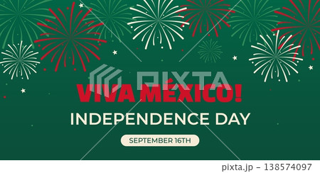 Mexico Independence Day banner with fireworks, bold typography and festive patriotic design. Holiday greeting template for September 16 celebration in flat style. Horizontal vector illustration 138574097